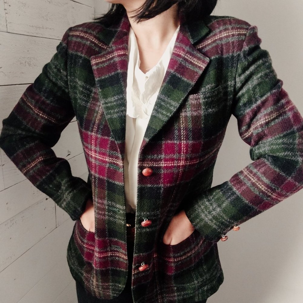 vintage 80s jewel tone preppy plaid pure wool suit
